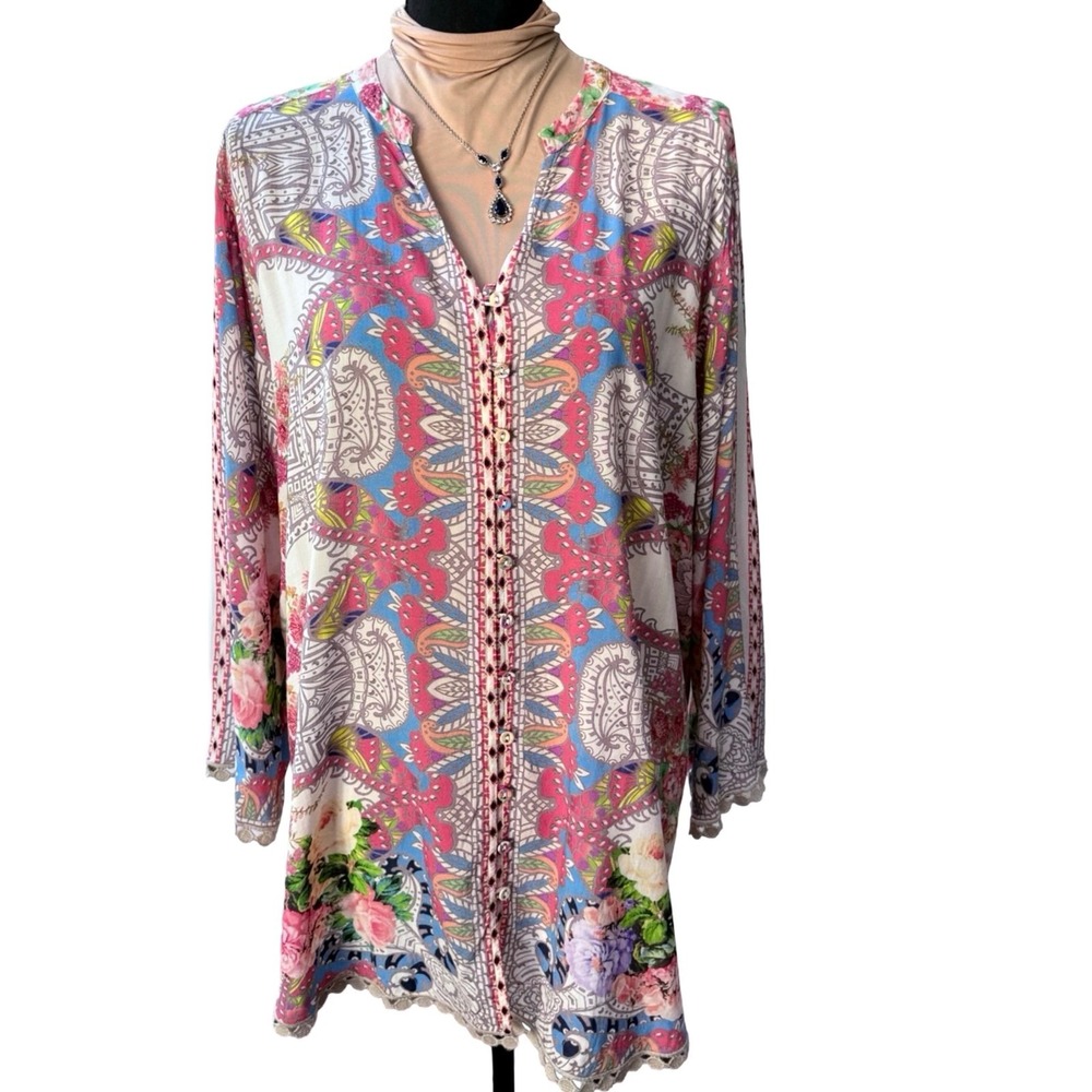 Johnny Was Women's L Floral Paisley Rayon Tunic Blouse Crochet Trim Boho